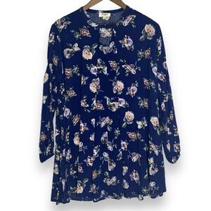 Umgee Tunic Top Navy Blue Floral Long‎ Sleeve Cut Out Neck Babydoll Trapeze S